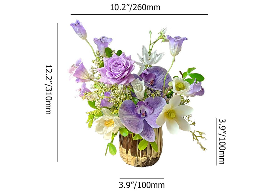 HMR - Purple Artificial Flower Arrangement in Gold Vase Fake Flower Dining Table Centerpiece