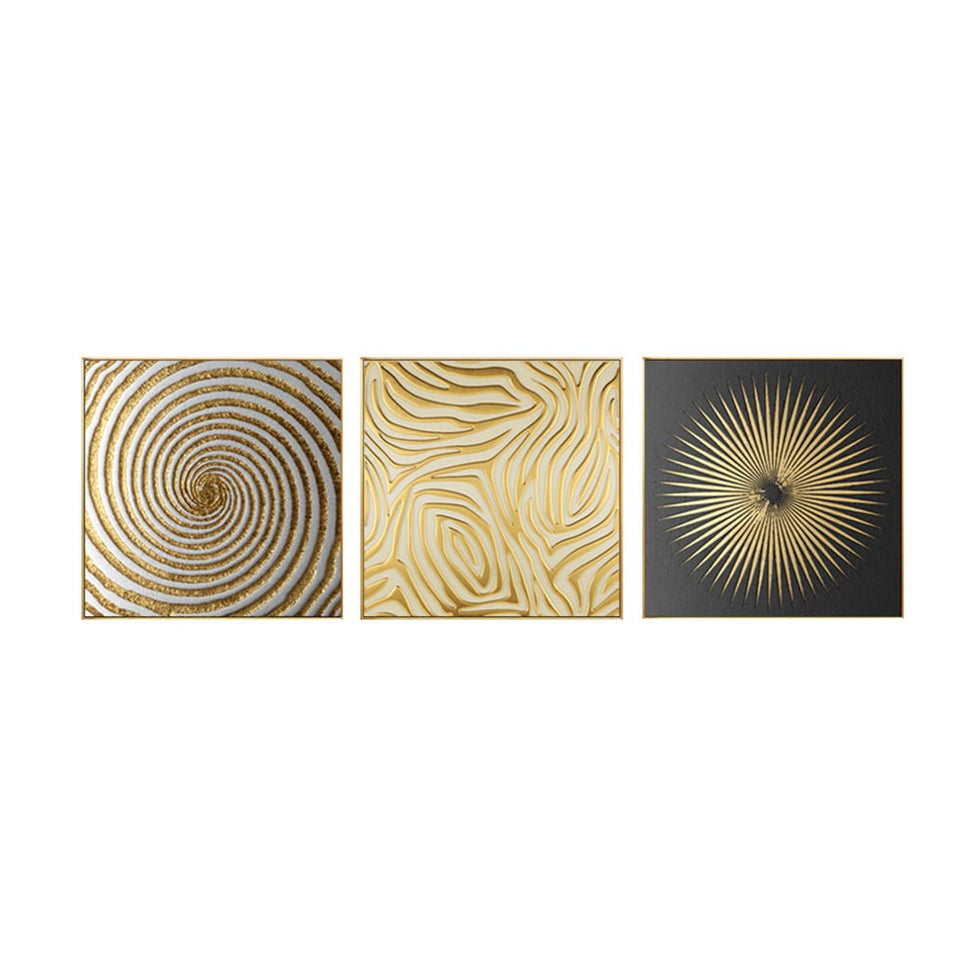HMR - 3-Pieces Glam Square Wall Decor Set Canvas Abstract Art with Frame in Gold & Black