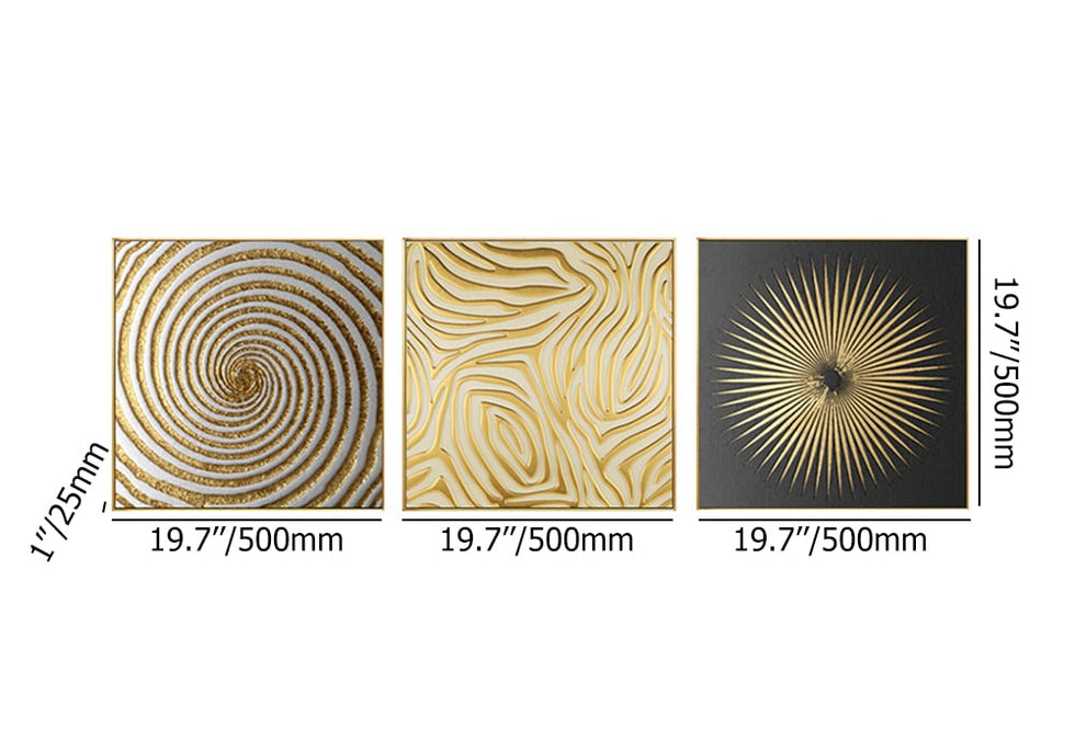 HMR - 3-Pieces Glam Square Wall Decor Set Canvas Abstract Art with Frame in Gold & Black