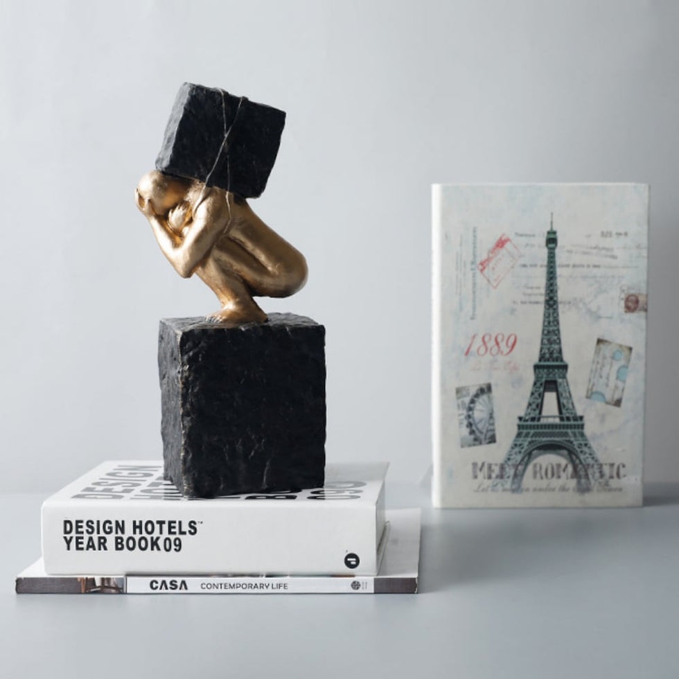 HMR - Black & Gold Resin Thinker with Heavy Stone Sculpture Figure Person Statue Ornament Art