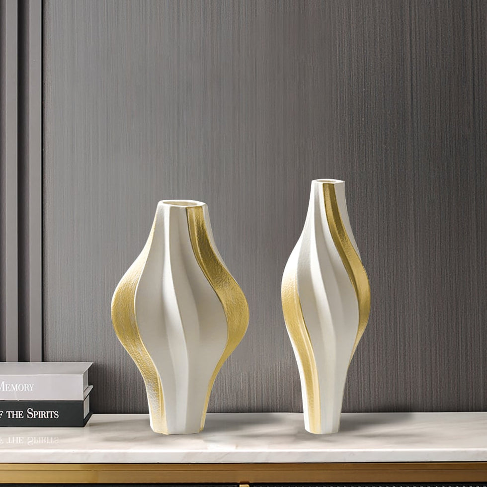 HMR - 2 Pieces Modern Resin Curved Lines Flower Vase Set Sculpture Decor Art in White & Gold