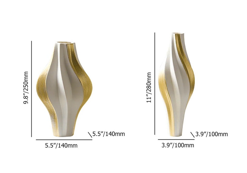 HMR - 2 Pieces Modern Resin Curved Lines Flower Vase Set Sculpture Decor Art in White & Gold