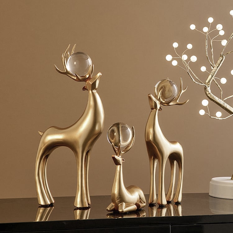 HMR - 3 Pieces Gold Resin Reindeer Sculpture Chrismas Deer Decor Art Ornament Living Room