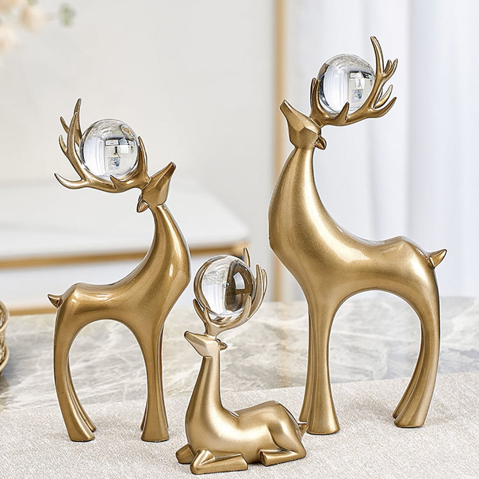 HMR - 3 Pieces Gold Resin Reindeer Sculpture Chrismas Deer Decor Art Ornament Living Room