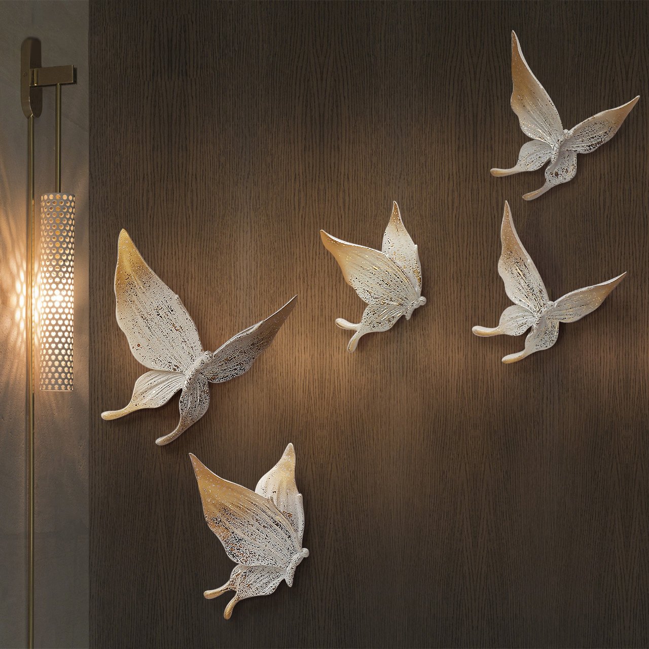 HMR - 5-Pieces Farmhouse 3D White & Gold Resin Butterfly Wall Decor Set Living Room Bedroom