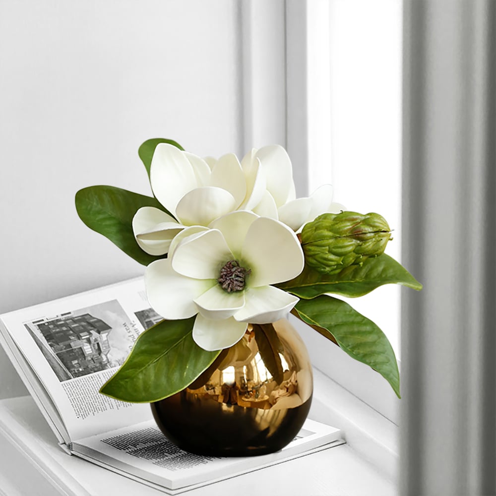 HMR - Fashionable Artificial Flowers in Vase Faux Magnolia Gold Glass Ball Vase Set