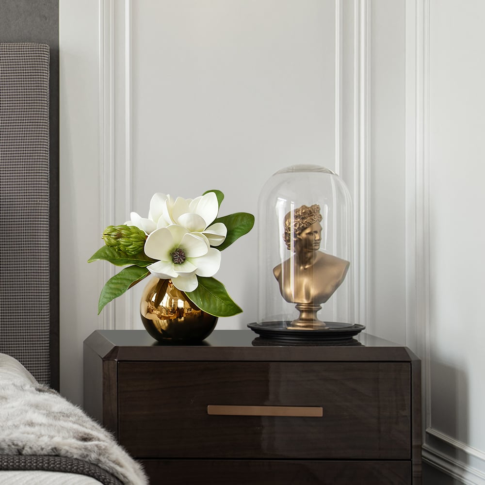 HMR - Fashionable Artificial Flowers in Vase Faux Magnolia Gold Glass Ball Vase Set