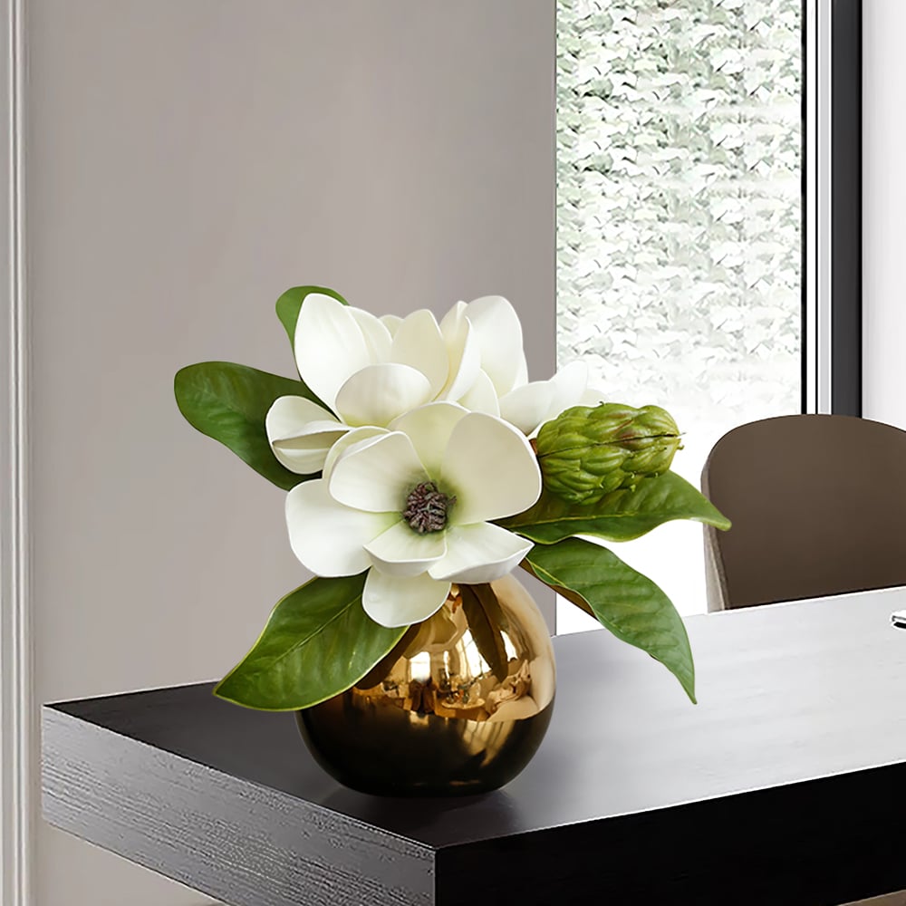 HMR - Fashionable Artificial Flowers in Vase Faux Magnolia Gold Glass Ball Vase Set