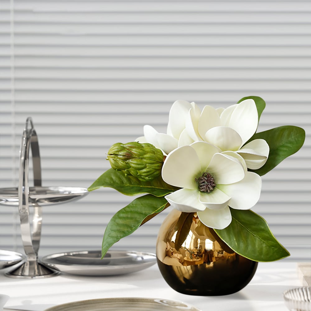 HMR - Fashionable Artificial Flowers in Vase Faux Magnolia Gold Glass Ball Vase Set