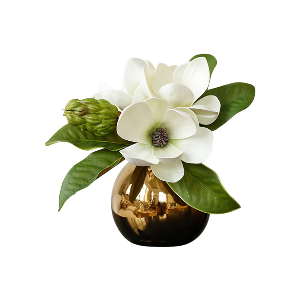 HMR - Fashionable Artificial Flowers in Vase Faux Magnolia Gold Glass Ball Vase Set