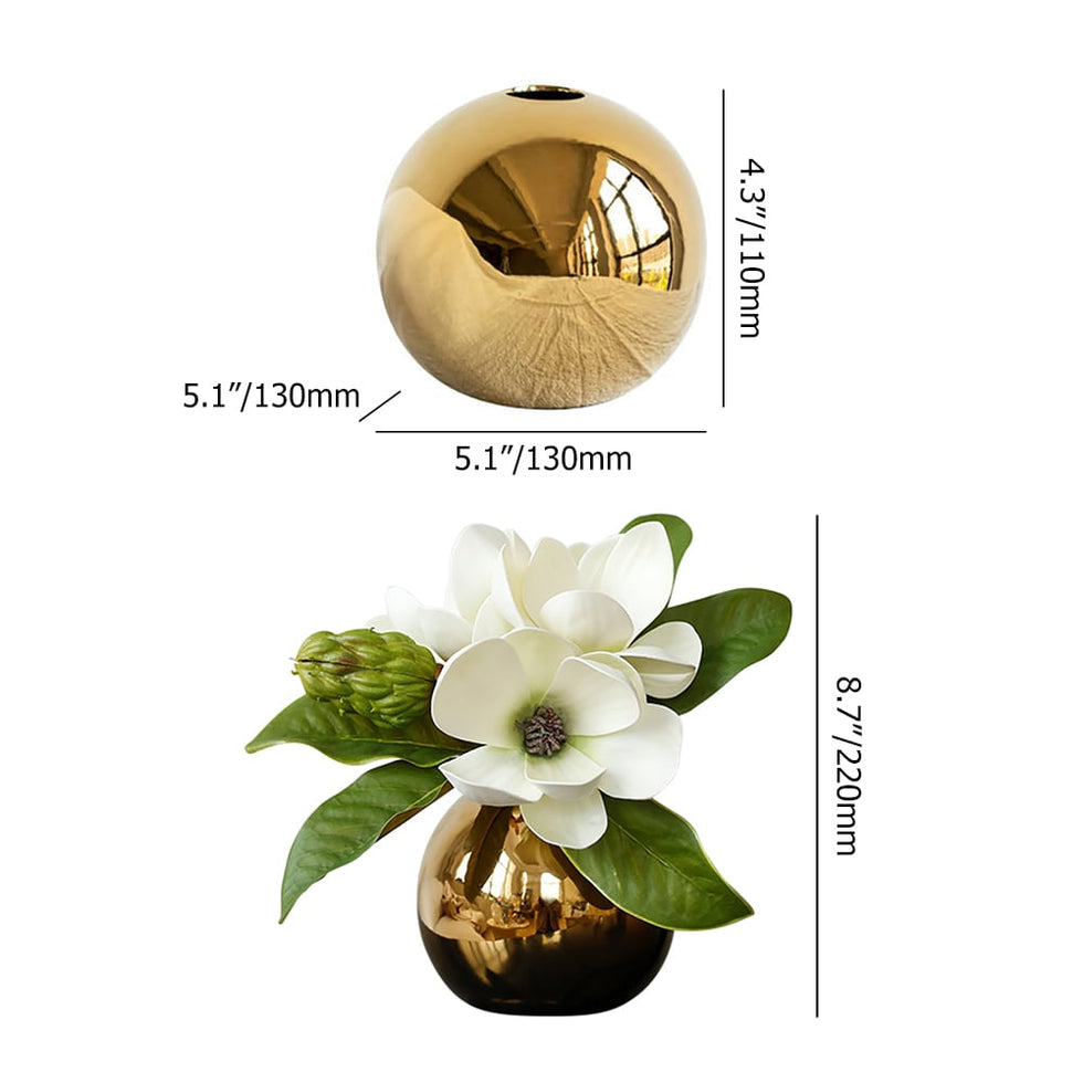 HMR - Fashionable Artificial Flowers in Vase Faux Magnolia Gold Glass Ball Vase Set