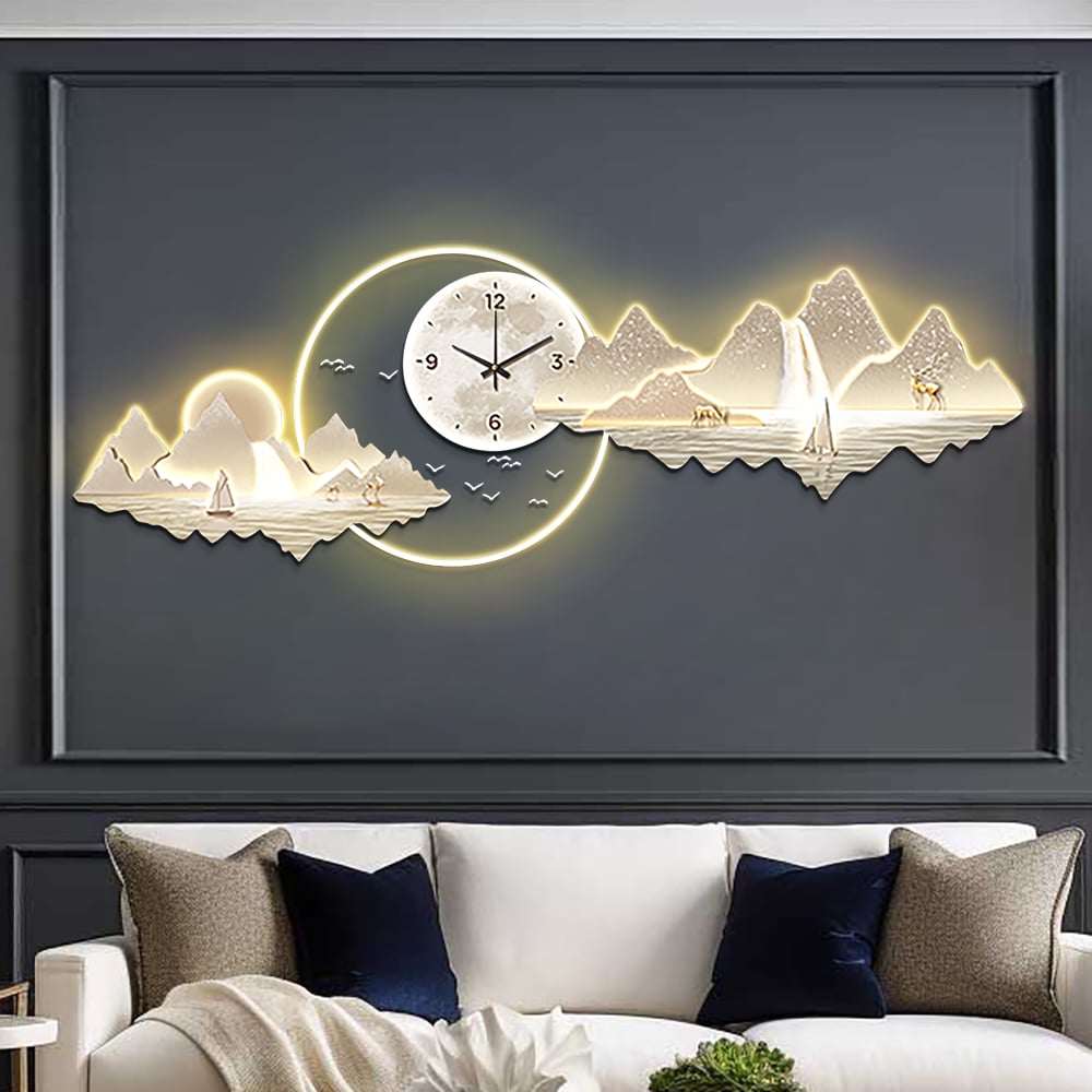 HMR - 39.4" LED Silent Wall Clock Modern Landscape Hanging Painting Decorative Wall Art