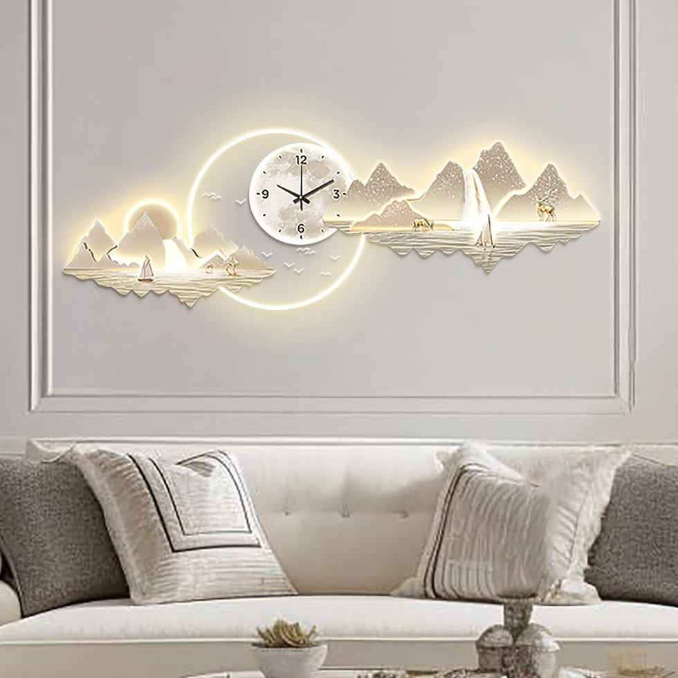 HMR - 39.4" LED Silent Wall Clock Modern Landscape Hanging Painting Decorative Wall Art
