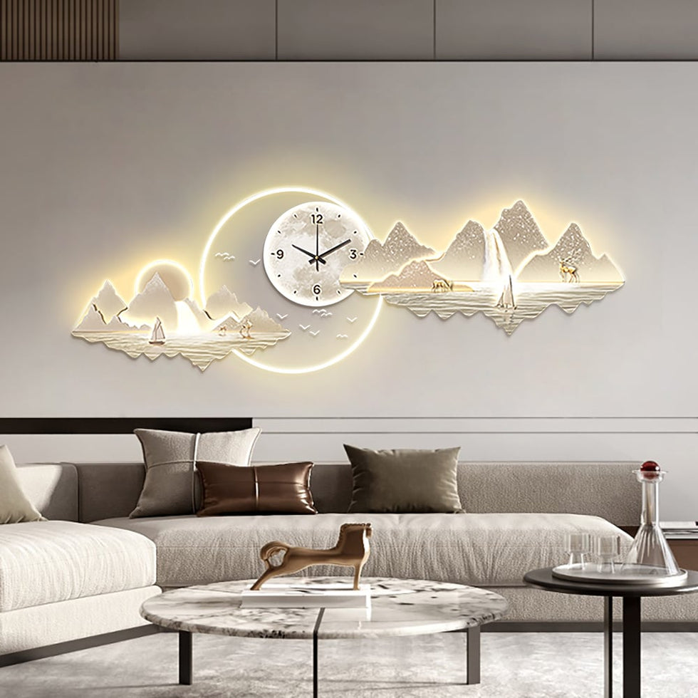 HMR - 39.4" LED Silent Wall Clock Modern Landscape Hanging Painting Decorative Wall Art