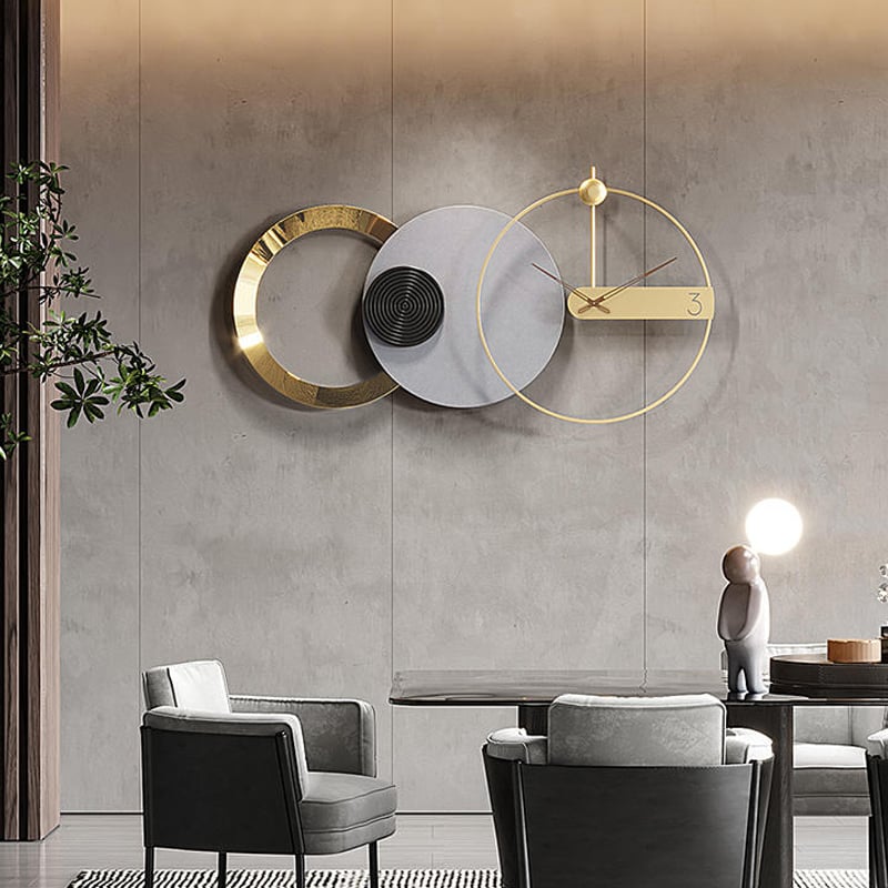 HMR - 33" x 18" Large Round Gray & Gold Wall Clock with Wood Pointer Modern Home Decor Art