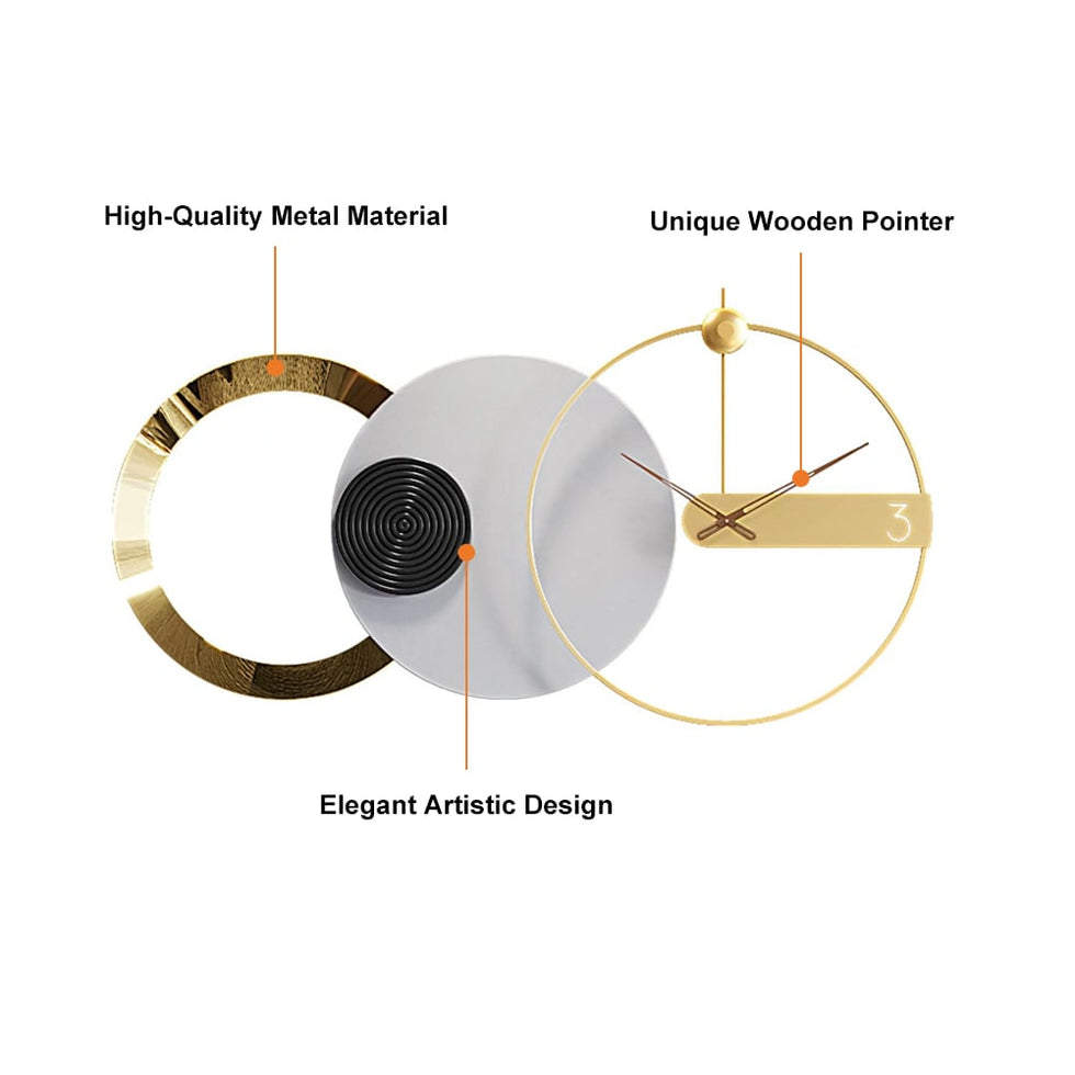 HMR - 33" x 18" Large Round Gray & Gold Wall Clock with Wood Pointer Modern Home Decor Art