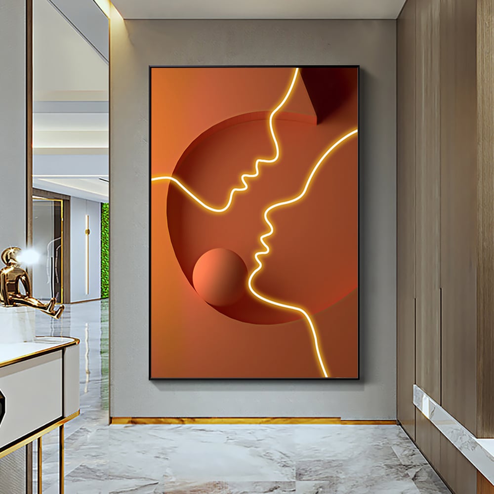 HMR - Modern Orange Abstract People Wall Decor Art Person with Frame Living Room
