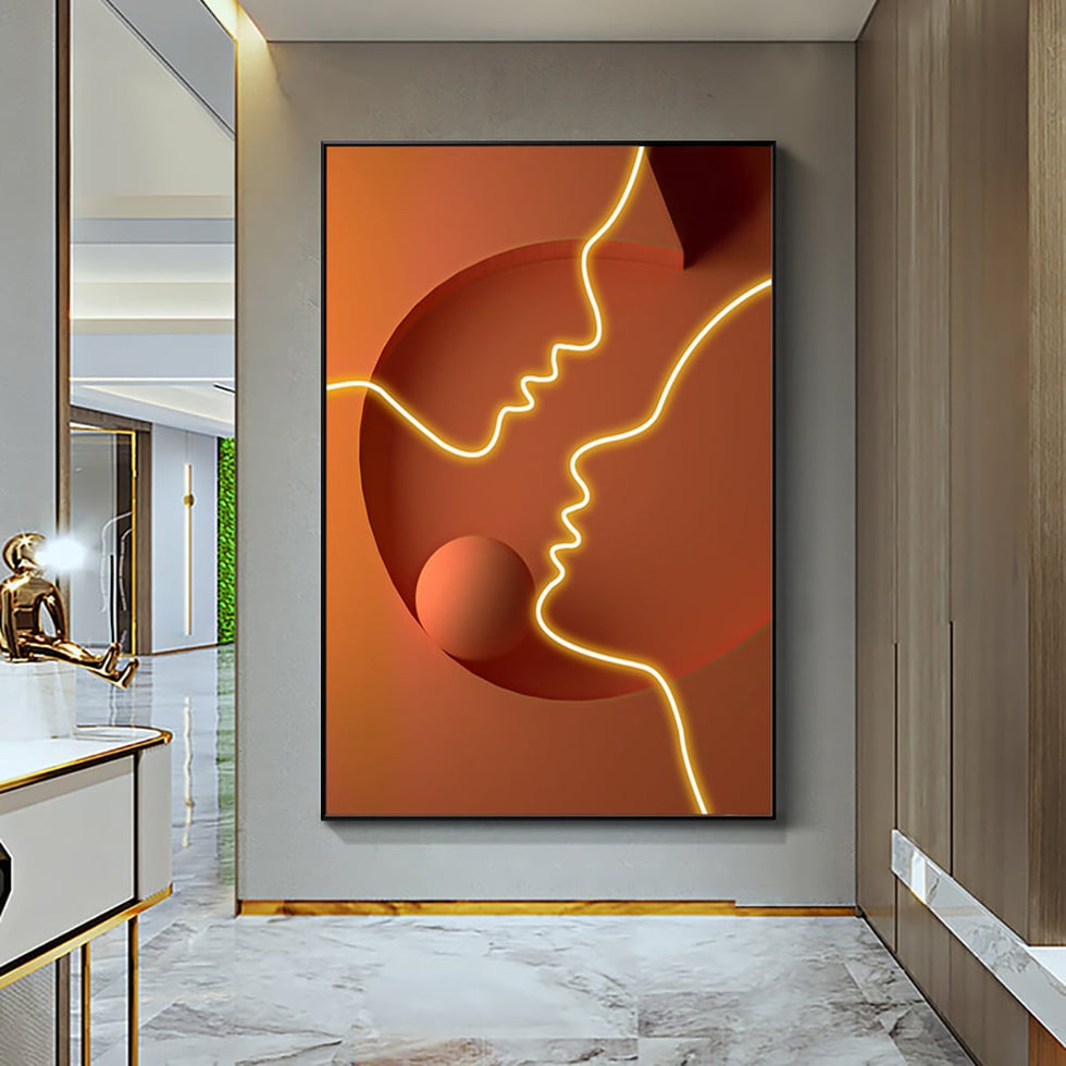 HMR - Modern Orange Abstract People Wall Decor Art Person with Frame Living Room
