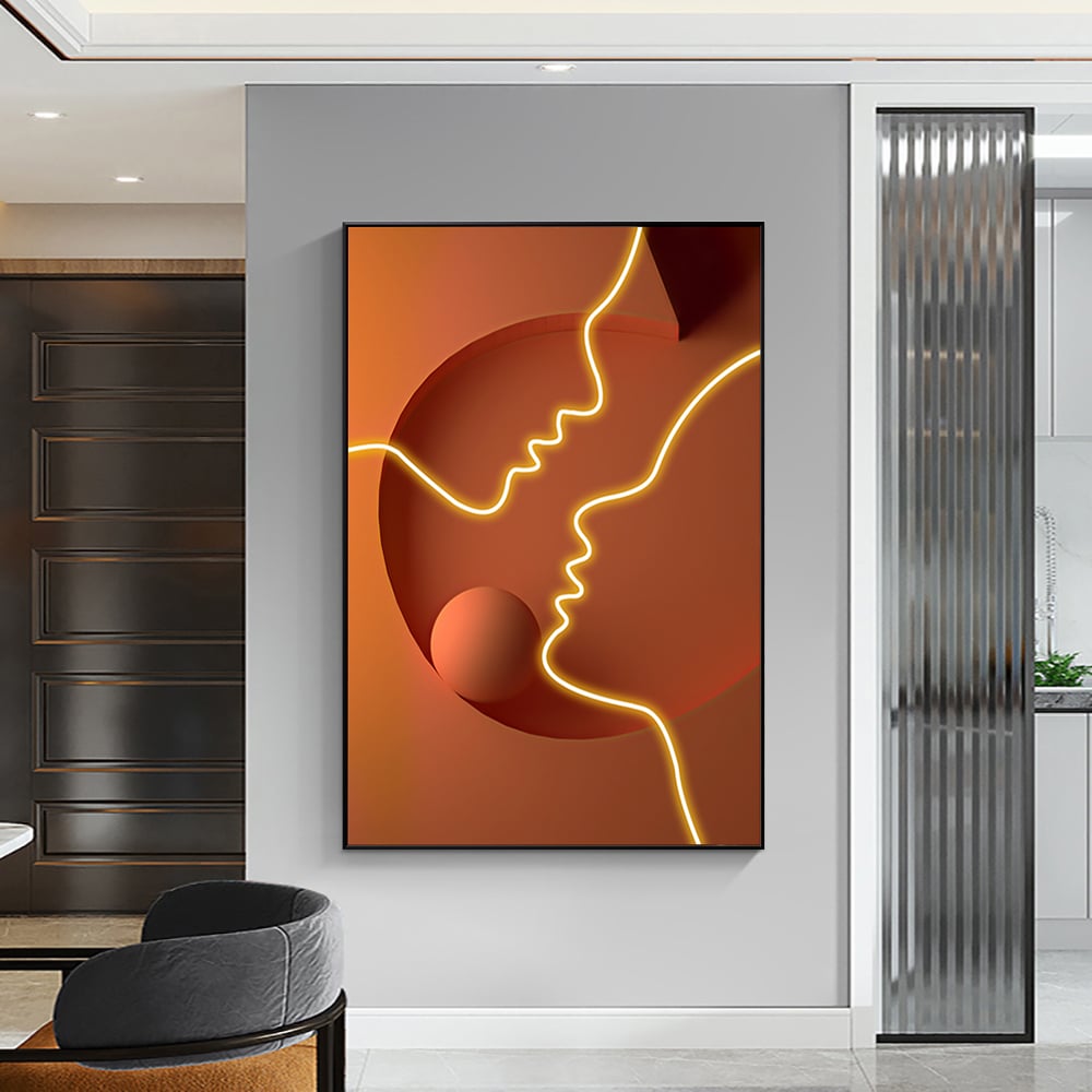 HMR - Modern Orange Abstract People Wall Decor Art Person with Frame Living Room