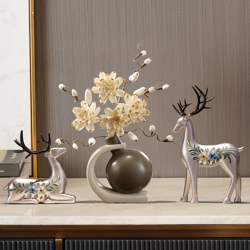 HMR - Creative Silver Deer Decoration Artificial Flower Set Golden Artificial Flowers in Vase