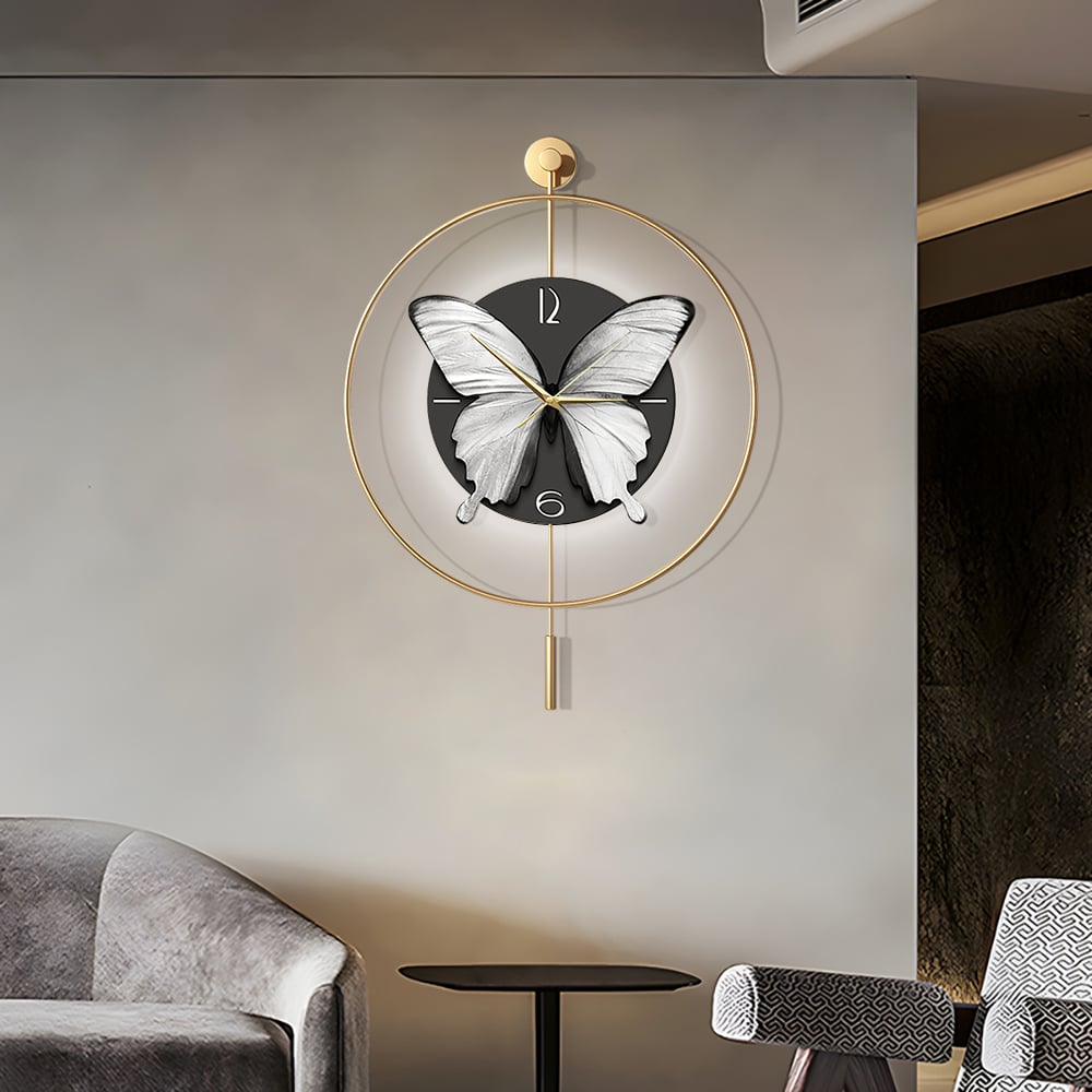 HMR - LED Golden Butterfly Silent Pendulum Remote Control Adjustable Wall Clock