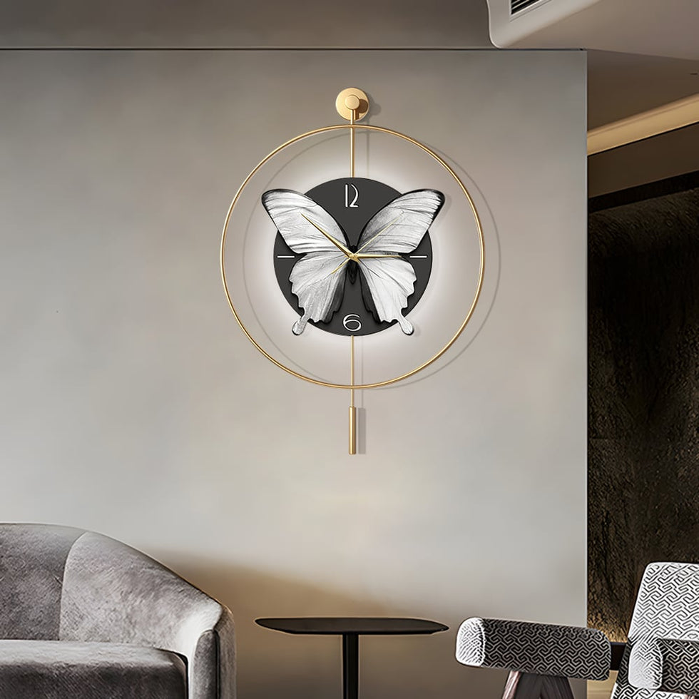 HMR - LED Golden Butterfly Silent Pendulum Remote Control Adjustable Wall Clock