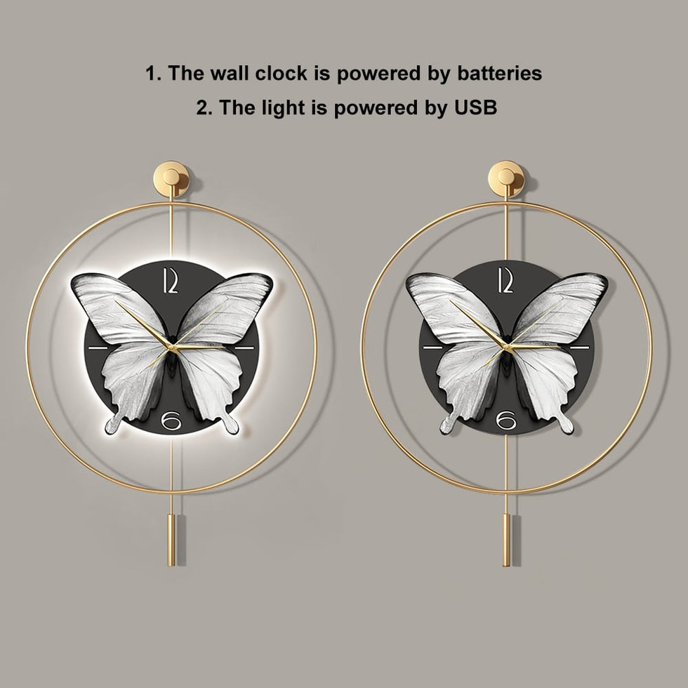 HMR - LED Golden Butterfly Silent Pendulum Remote Control Adjustable Wall Clock