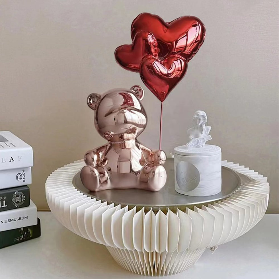HMR - Cute Pink Bear Statue Sculpture Ornament Decor with Red Heart Balloons