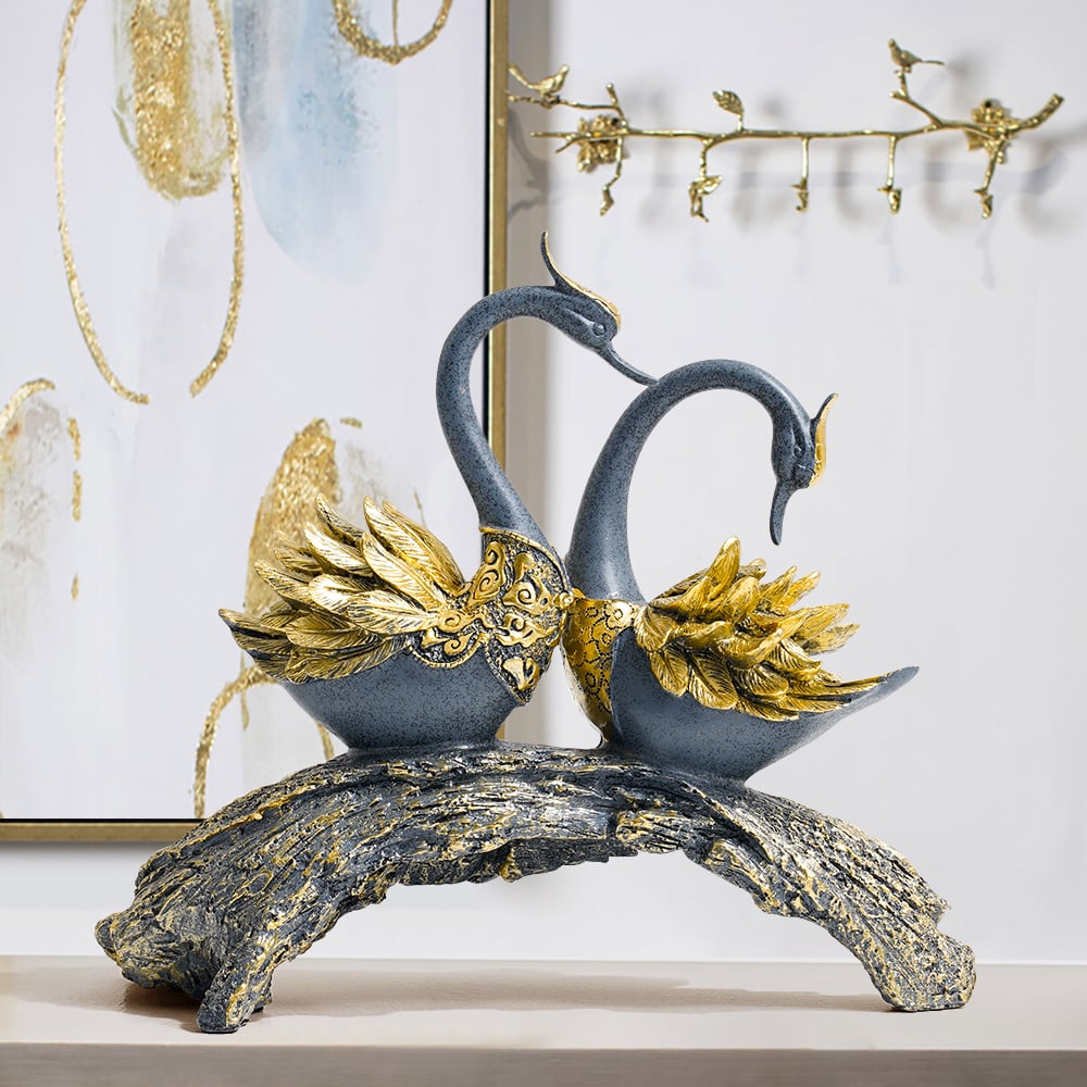 HMR - 14.2" Simulation Couple Swan Sculpture Art Ornament Table Statue Decor