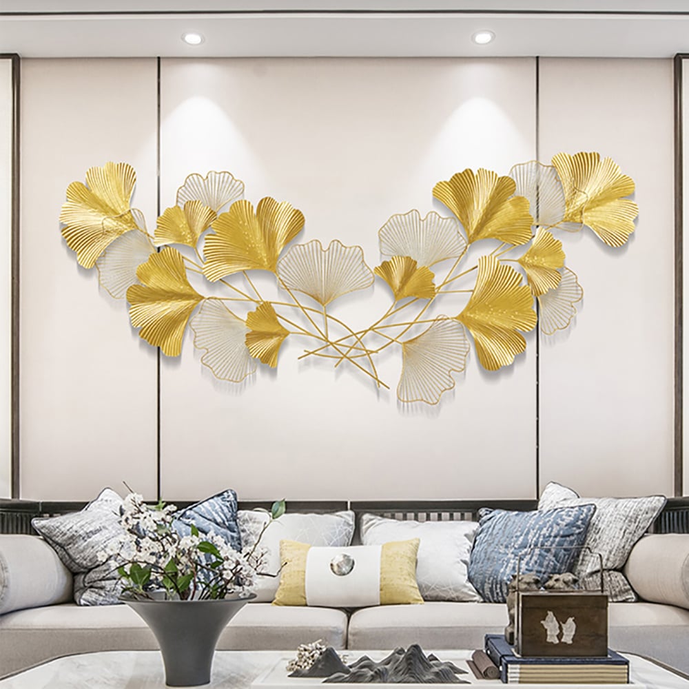 HMR - Modern Metal Ginkgo Leaves Wall Decor For Living Room Home Hanging Art in Gold