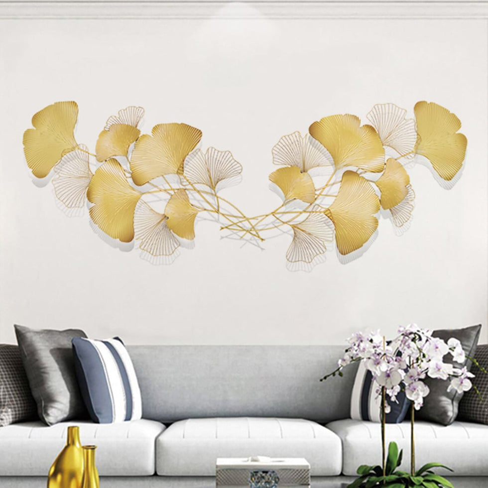 HMR - Modern Metal Ginkgo Leaves Wall Decor For Living Room Home Hanging Art in Gold
