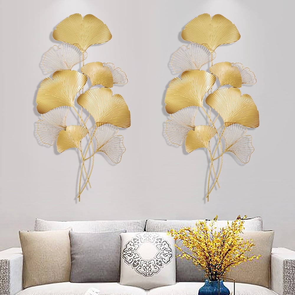 HMR - Modern Metal Ginkgo Leaves Wall Decor For Living Room Home Hanging Art in Gold