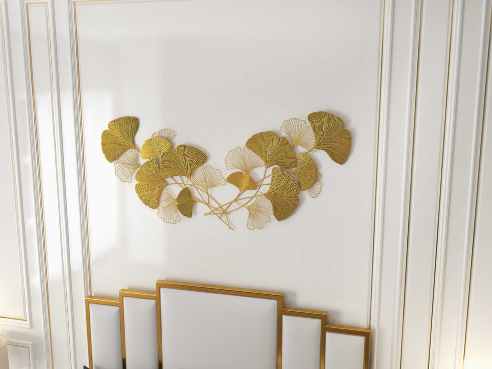 HMR - Modern Metal Ginkgo Leaves Wall Decor For Living Room Home Hanging Art in Gold