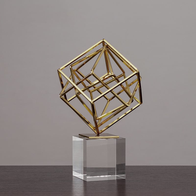 HMR - Modern Gold Metal 3D Geometry Ornament Figurine Sculpture Decor Art with Crystal Stand