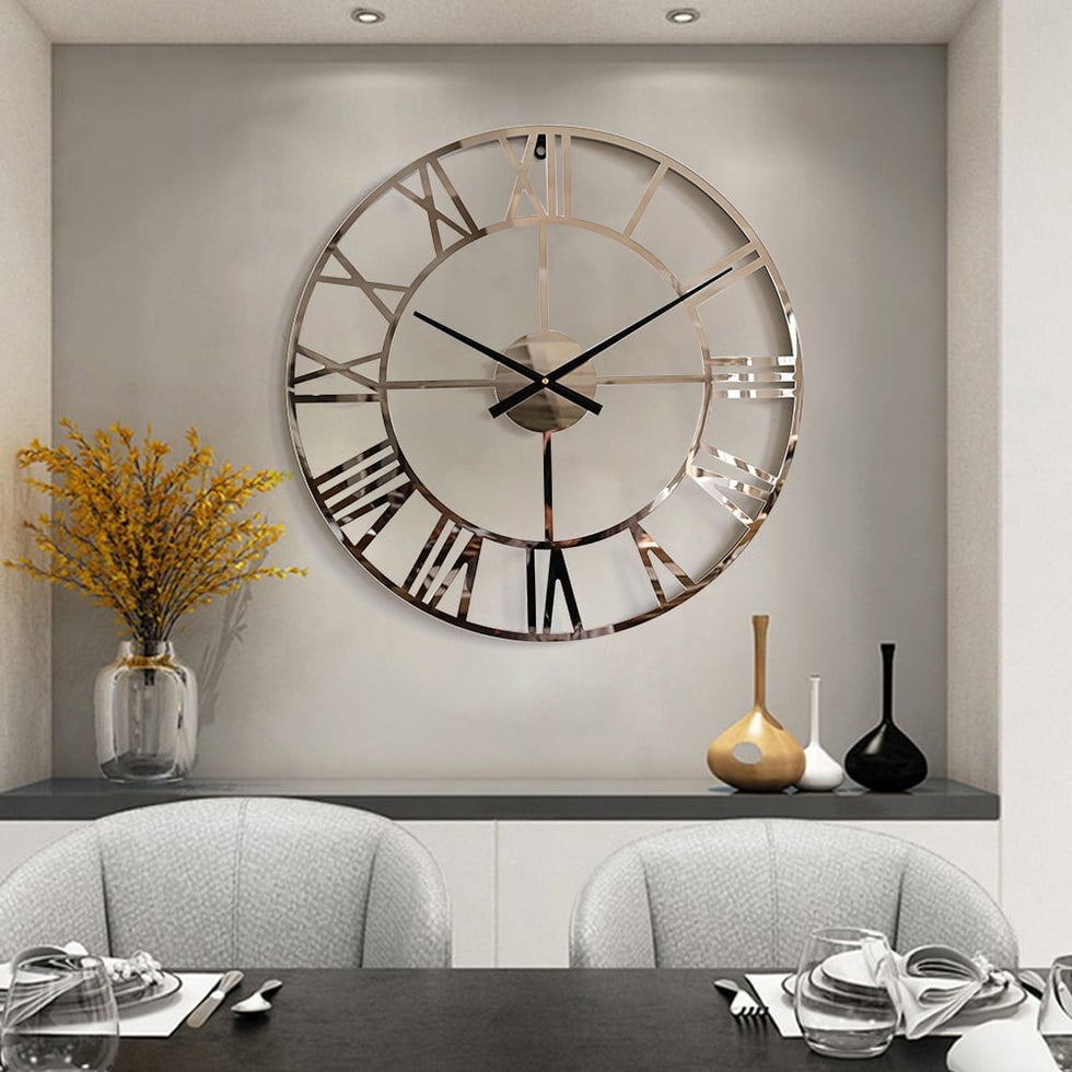 HMR - 23" Large Round Silver Roman Numeral Silent Wall Clock Modern Acrylic Decor Art