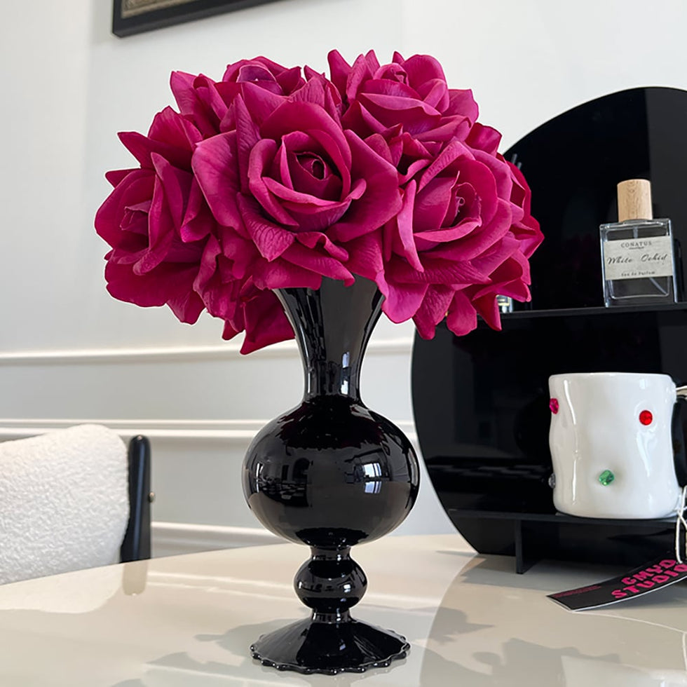 HMR - Modern Rose Artificial Flowers Arrangement in Black Vase Set