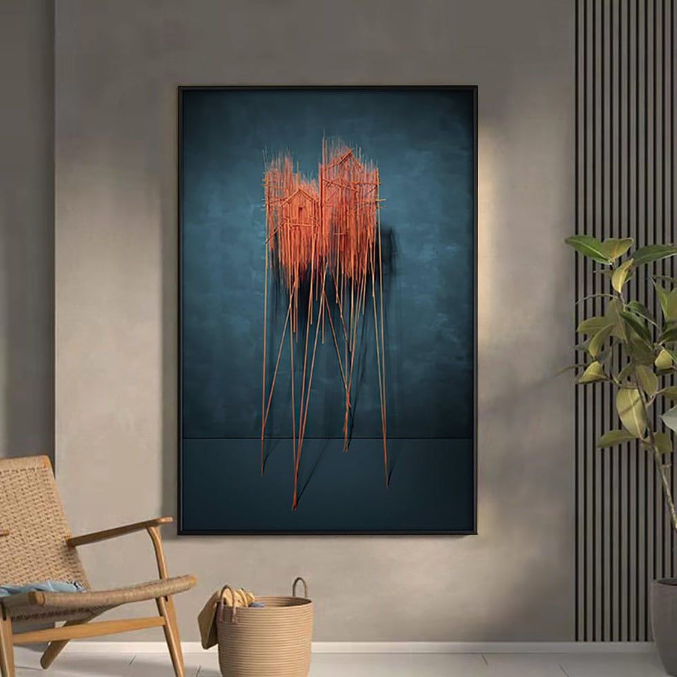 HMR - Farmhouse Wall Decor for Living Room 3D Nature Hanging Painting Art With Frame in Blue