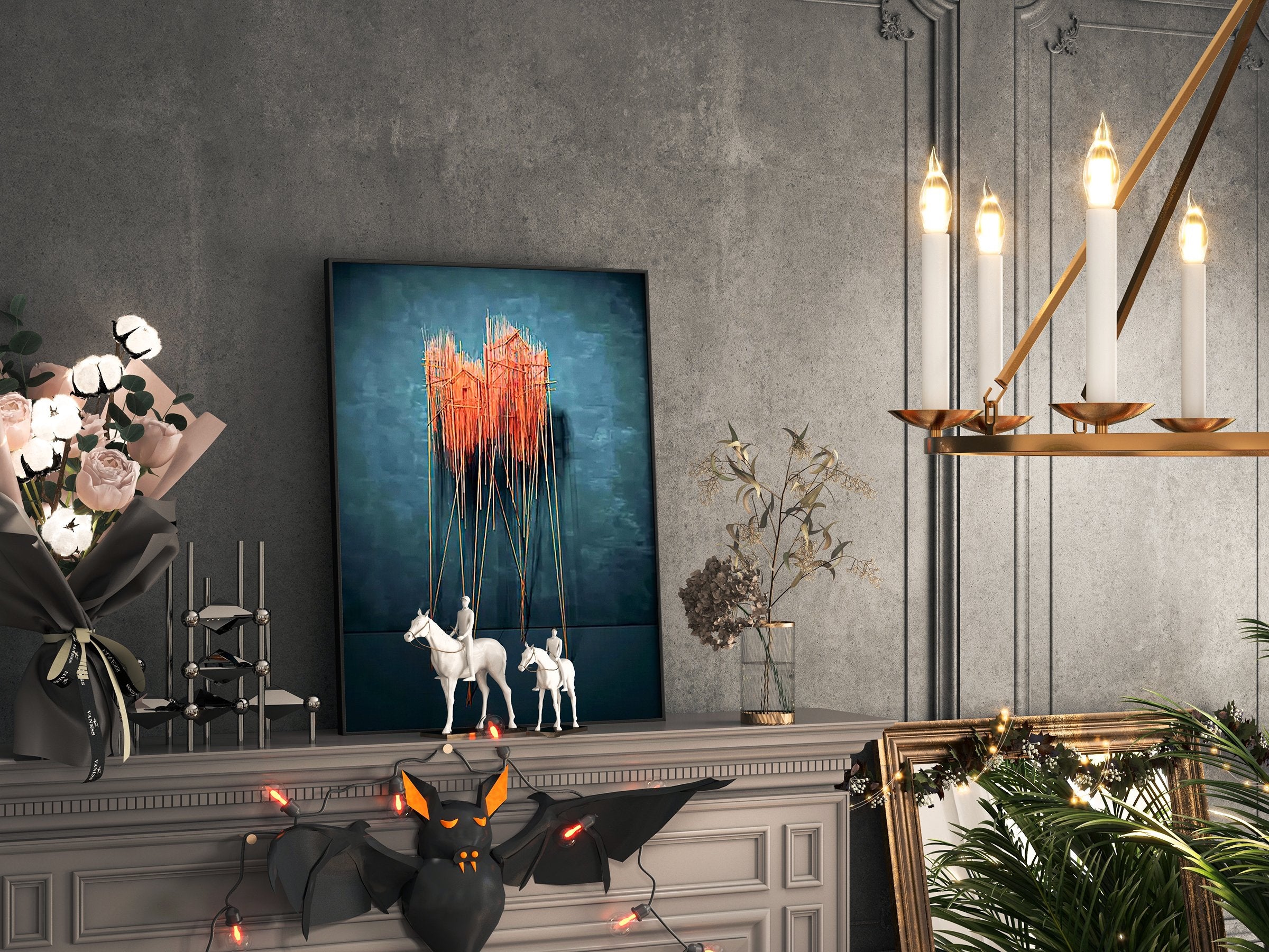 HMR - Farmhouse Wall Decor for Living Room 3D Nature Hanging Painting Art With Frame in Blue