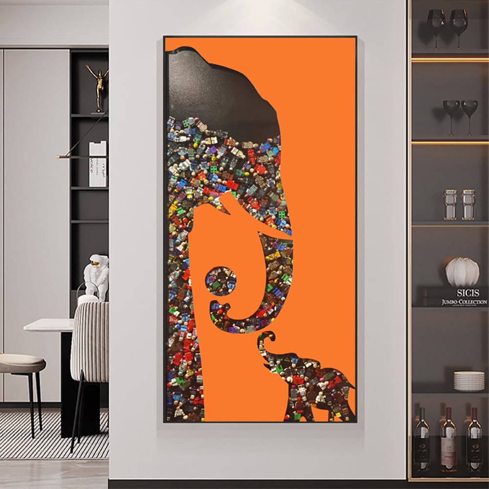 HMR - Goreal Elephant Building Blocks Wall Decor Art Abstract Geometric Painting with Frame