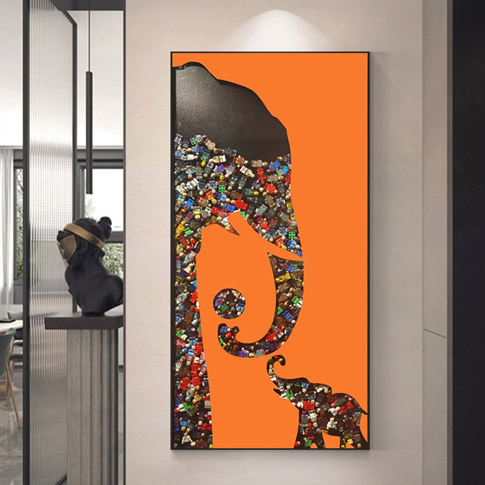 HMR - Goreal Elephant Building Blocks Wall Decor Art Abstract Geometric Painting with Frame