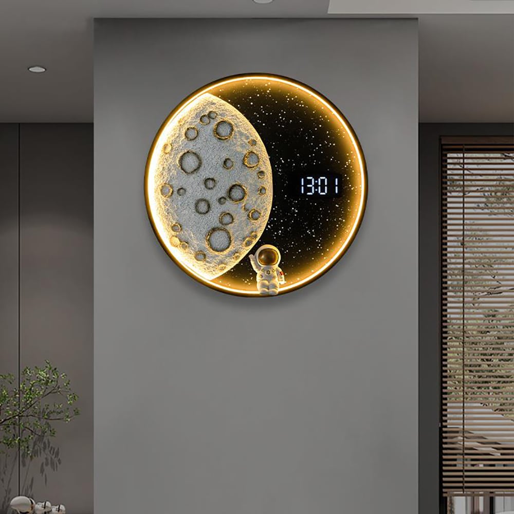 HMR - 19.7" LED Digital Round Moon Astronaut Wall Clock Spaceman Decor Art USB Charging