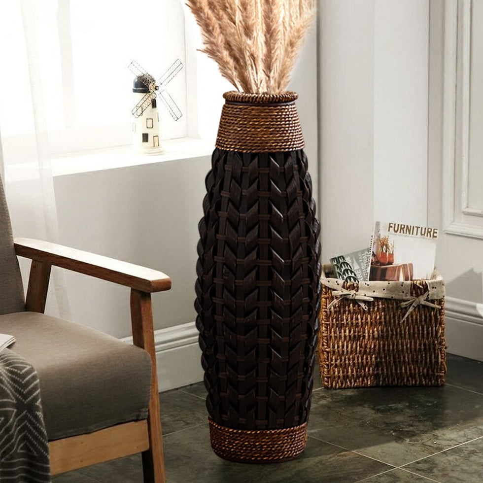 HMR - Rustic Tall Woven Bamboo Rattan Standing Floor Vase Decor Art Living Room