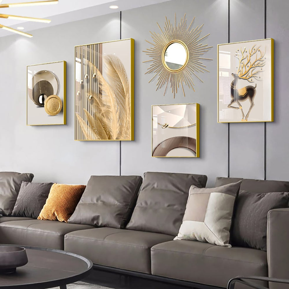 HMR - 5-Piece Wall Art Set with Golden Accents Modern Abstract Designs for Luxurious Home Deco