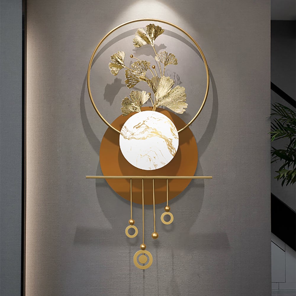 HMR - 46.5" Modern 3D Golden Metal Ginkgo Leaf Geometric Wall Art with Marble Accent