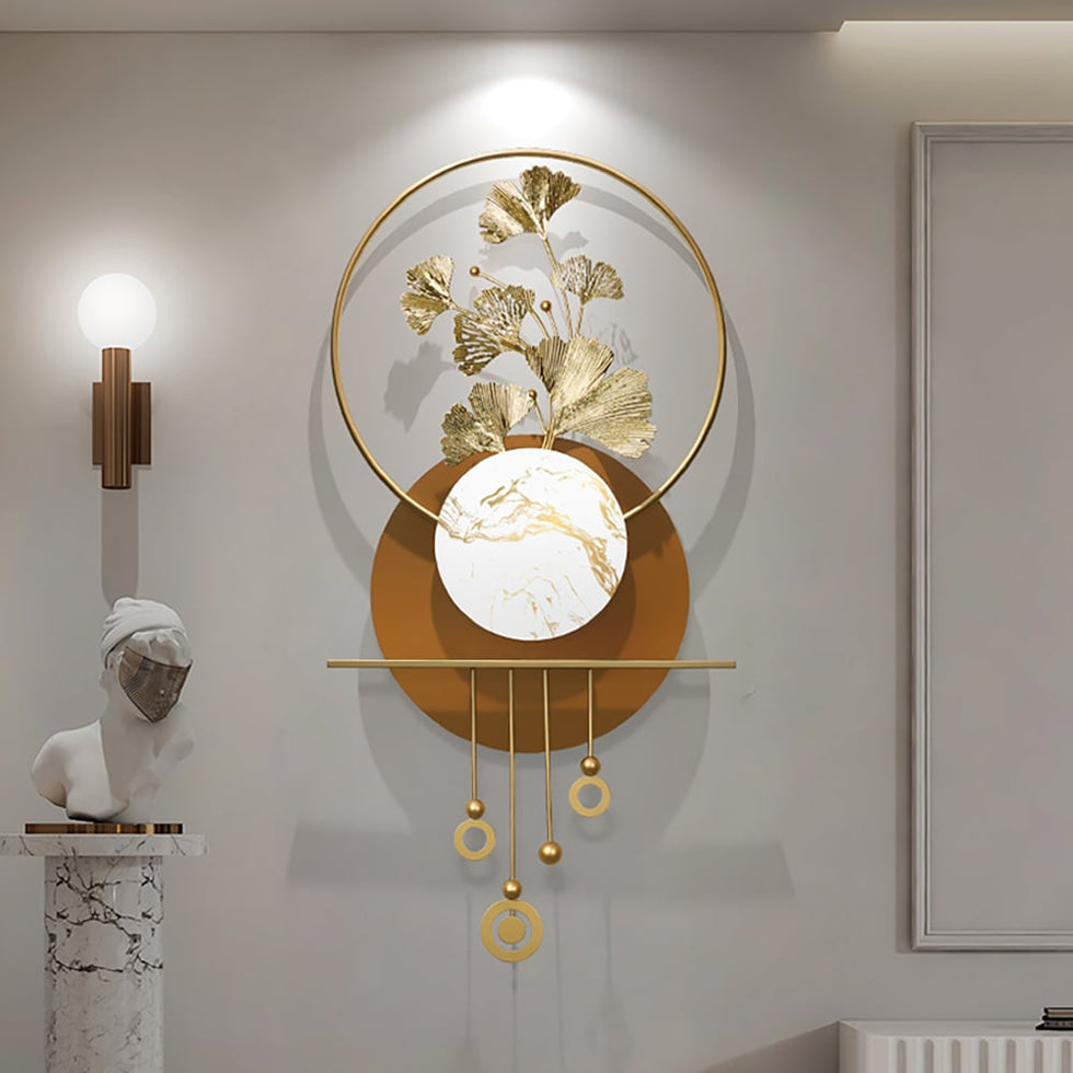 HMR - 46.5" Modern 3D Golden Metal Ginkgo Leaf Geometric Wall Art with Marble Accent