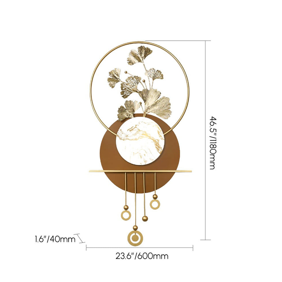 HMR - 46.5" Modern 3D Golden Metal Ginkgo Leaf Geometric Wall Art with Marble Accent