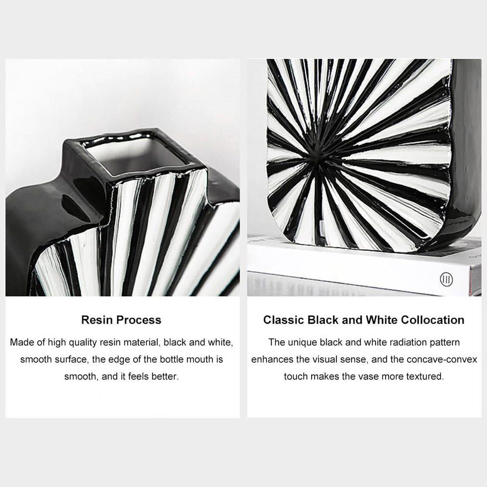 HMR - 2-Pieces Abstract White & Black Striped Resin Flower Vase Set Home Ornament Decor Art