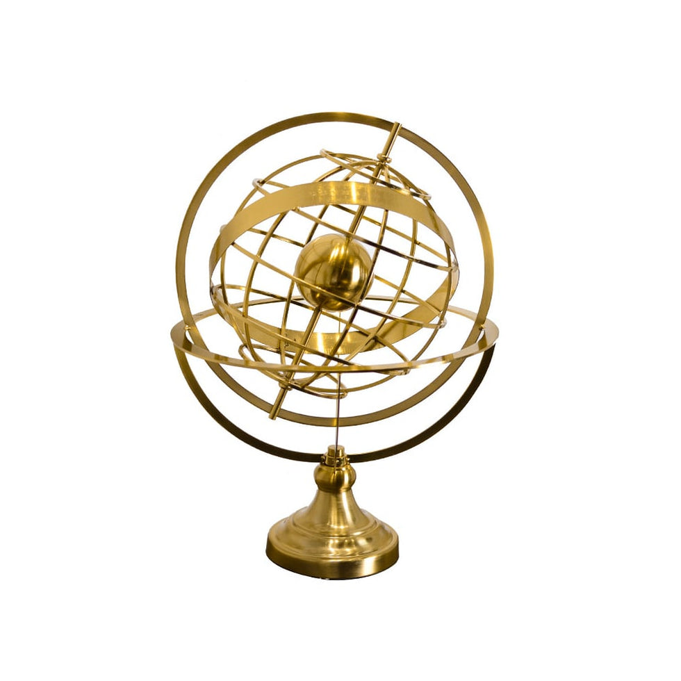 HMR - 15 inches Gold Globe Ornament Sculpture Modern Metal Geometric Figurine Table Decor Art