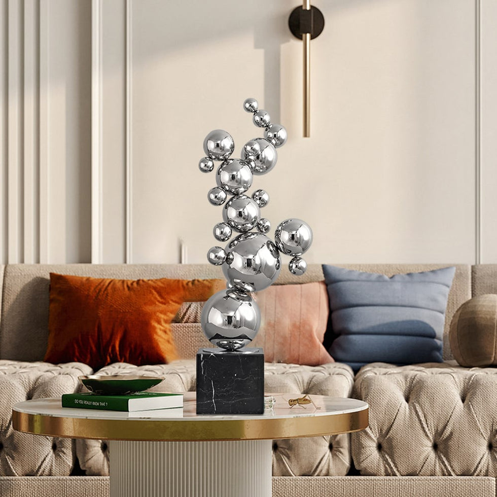 HMR - 24" Modern Abstract Geometric Ball Sculpture Art Ornament Stainless Steel & Marble Decor