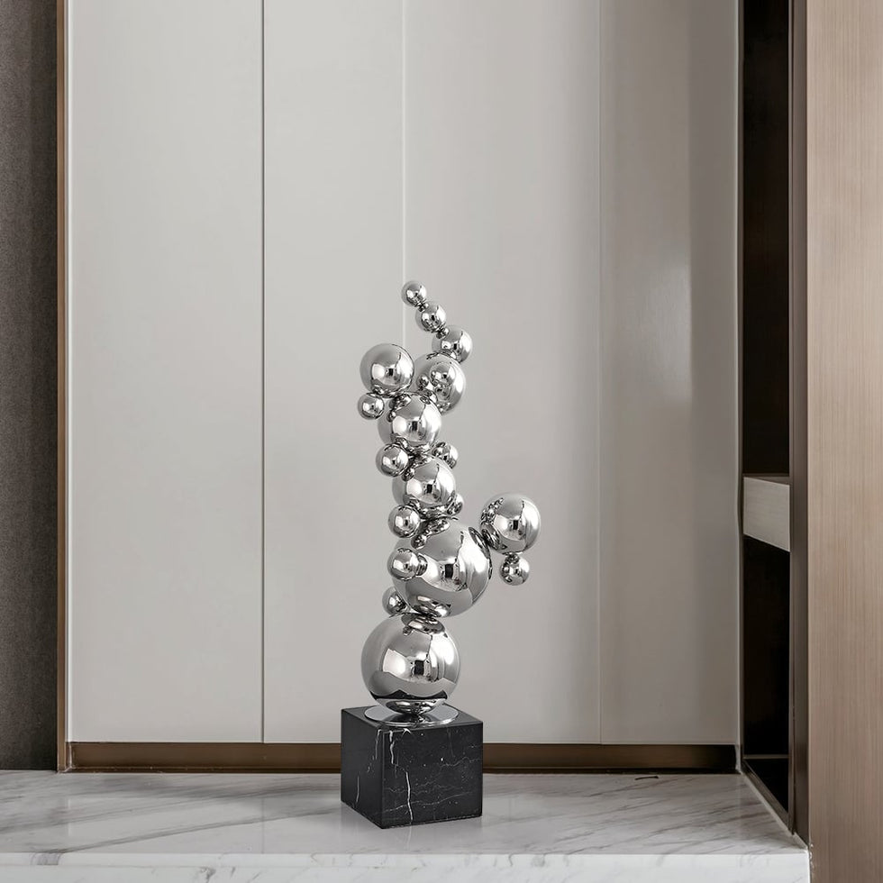 HMR - 24" Modern Abstract Geometric Ball Sculpture Art Ornament Stainless Steel & Marble Decor